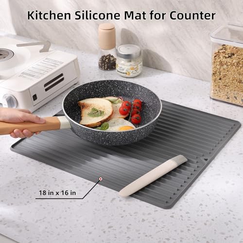 Silicone Dish Drying Mat, 16 x 18-inch Large Drying Mat for Kitchen Counter | Thicker Silicone Dish Drainer Pad for Countertop, Sink, Refrigerator or Drawer liner | Soft & Heat Resistant - size: 18" x 16"