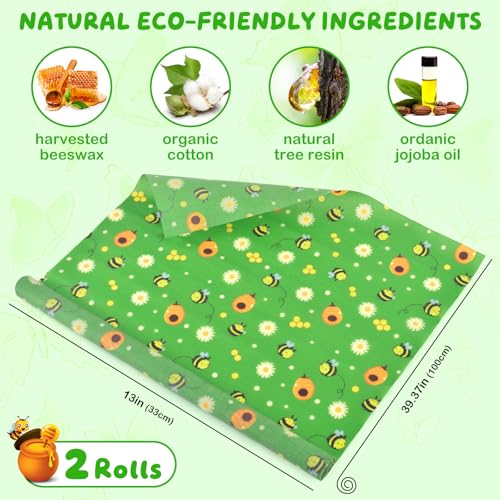 Beeswax Food Wraps 2 Roll 13 x 39 Inch Reusable Beeswax Wraps Eco-Friendly Sustainable Food Storage Wraps for Sandwich, Cheese, Fruit, Bread, Snacks - size: 2 pcs Green