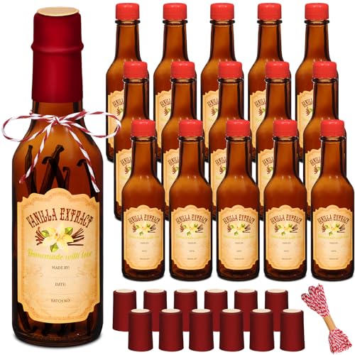 Tioncy 16 Pcs Vanilla Extract Bottles for Homemade Vanilla Jar Glass Bottle with Cap, Shrink Band, Sticker Syrup Gift Food Storage Canister for Bean Sauce Spice (Red, Brown,5 oz) - color: Red, Brown, size: 5 oz