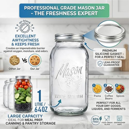 64 oz Mason Jars with Lids, Glass Jars for Canning, Wide Mouth Mason Jars for Spice Storage, Glass Jar with Lid for Pantry Organization, Jars for Home Kitchen Canning Set of 6