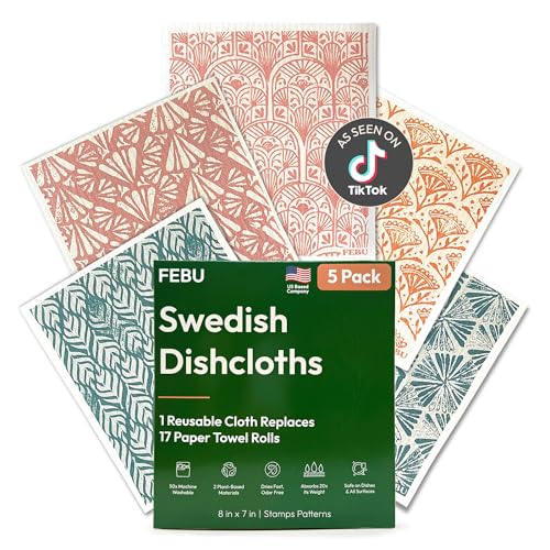 FEBU Swedish Dishcloths for Kitchen | 5 Pack Stamps Reusable Paper Towels Washable | Swedish Dish Towels | Non-Scratch Cellulose Sponge Cloths | No Odor, Biodegradable Cleaning Cloths - color: Stamps