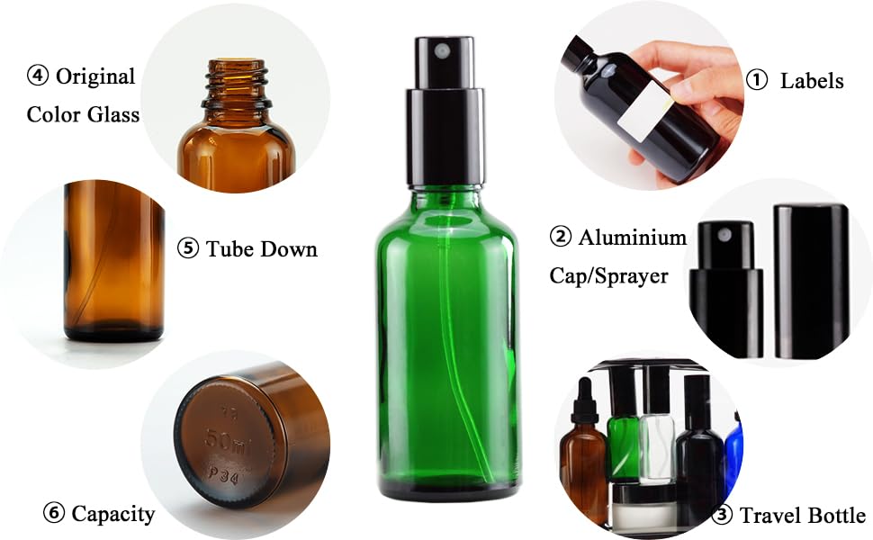 YIZHAO Green Glass Spray Bottles 2oz, with Small Fine Mist Spray, Metal Cap, Refillable for Essential Oil,Travel,Cleaning,Perfume,Aromatherapy,Makeup – 12 Pcs - color: Green, size: 50ml-12