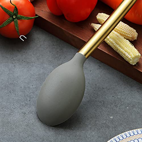 Berglander Non-stick Silicone Solid Serving Spoon, Titanium Gold Plating handle, Basting Spoon, Dishwasher Safe, Easy to Clean - style: c. Solid Spoon