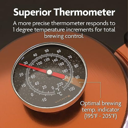 Viante Gooseneck Stovetop Pour Over Coffee Kettle, Built-in Thermometer | Precision spout for drip coffee & tea. Stainless steel with copper finish, 40 fl oz. Works on all cooktops
