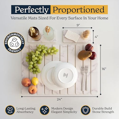 Oleex 3-Pack Stone Dish Drying Mat Set Includes 1 Large 24”x16” & 2 Small 4”x9” for Kitchen Counter-Collapsible Diatomaceous Earth Pad Absorbs Water & Dries Dishes Fast, Non-slip, Odor-Resistant Mats - color: White Marble