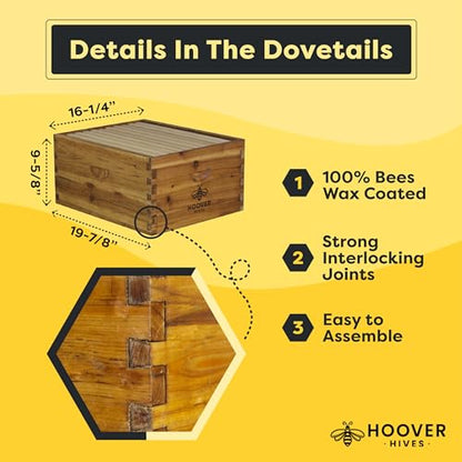 Hoover Hives: The Original Beeswax Coated Beehive Kit. Includes 2 Deep & 1 Medium Boxes with 10 Wooden Frames & Heavy Wax Coated Foundations. Easy Assembly with Predrilled Holes& Screws (Unassembled)