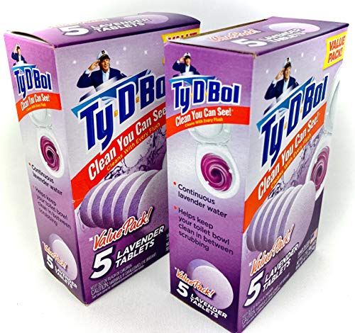 Ty D Bol Toilet Cleaning Tablets with Continuous Clean With Lavender color to deodorize your Toilets for a Fresh Smelling Bathroom 10 tabs (2-5 count packs)