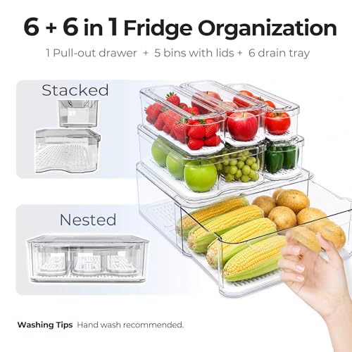 SMRCAD Clear Fridge Bins with Drain Trays - BPA-Free PET, Stackable(6 Pack) | 6 Pack: 1 Drawer + 5 lidded Bins, Helps Keep Produce Fresh, 16.3L Capacity, Hand Wash Only