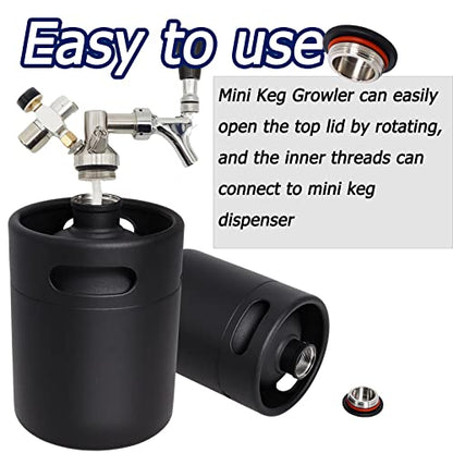 Mini Keg Growler, 64 OZ 304 Stainless Steel Mini Beer Keg with Seal knob Cover, Pressurized Growler with No Scratch Matte Black Powder Coated for Home kitchen Brewing Beer(2L)