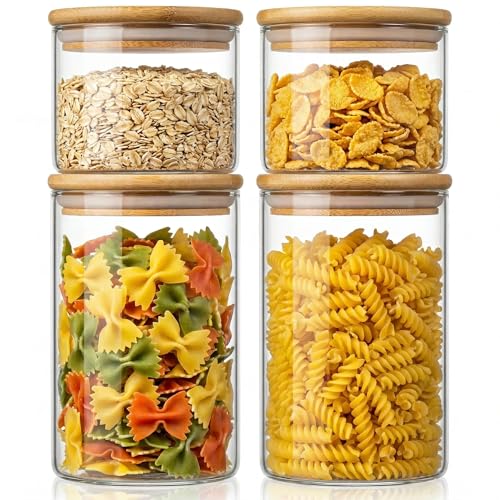 32oz & 21oz - 4 Pack Glass Jars with Bamboo Lids, Glass Pantry Storage Containers with Airtight Lids, Round Air Tigh Food Storage Canisters for Cereal, Pasta, Flour, Sugar, Best for Kitchen Organizer - color: 32oz & 21oz 4 Pack