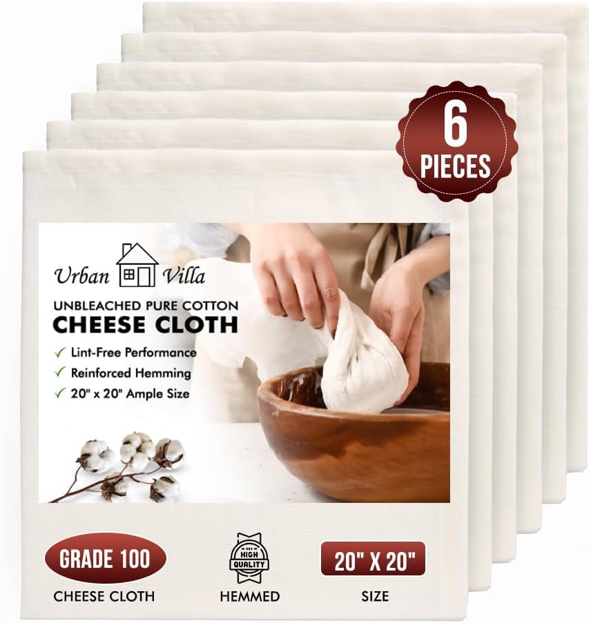 Urban Villa Cotton Grade 100 Cheese Cloths 6 Pack 20x20 Inches, Fine Mesh, 100% Unbleached Cotton, Reusable &Pre – Washed, Finished Edge, Butter Muslin Cloth for Straining & Cooking Cheese Making - color: Natural, size: 20 x 20 Inches / 6 Pieces