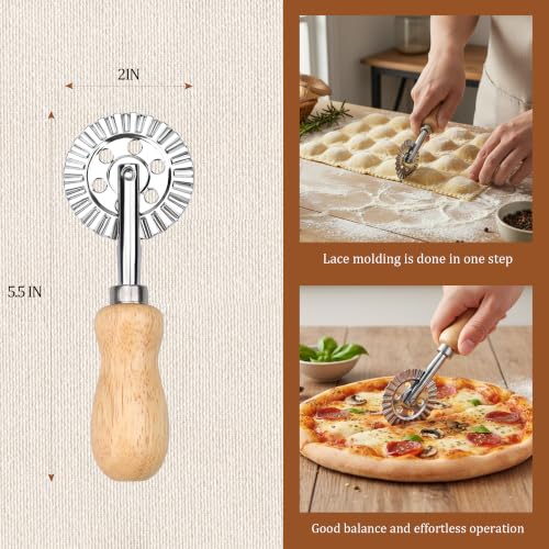 Pastry Cutter Wheel, Crinkle Wheel with Beech Wood Handle | 304 stainless steel crinkle blade, beech wood handle, multi-use for pizza pasta pastry cookie ravioli, 5 variants - color: Short Handle Large Cutter Wheel