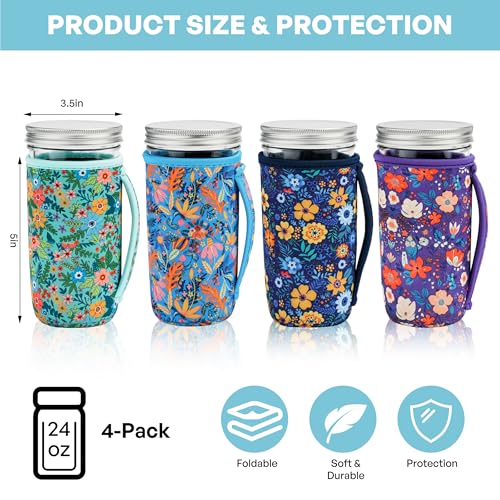 KJQJLY 4 Pcs Mason Jars Sleeves Neoprene 24oz Regular and Wide Mouth Mason Jar Sleeves Holder with Handle (Flowers, 24 OZ) - color: Flowers, size: 24 OZ