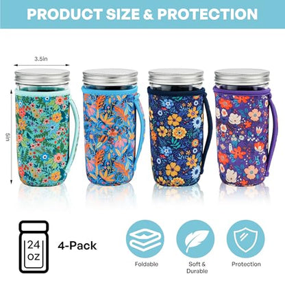 KJQJLY 4 Pcs Mason Jars Sleeves Neoprene 24oz Regular and Wide Mouth Mason Jar Sleeves Holder with Handle (Flowers, 24 OZ) - color: Flowers, size: 24 OZ