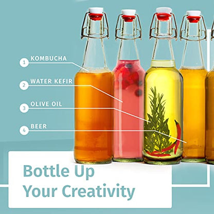 Otis Classic Glass Bottles with Caps - Set of 6 Clear Swing Top Glass Bottles w/Ceramic Lids for Storing Kombucha, Liquor, Syrup, Wine, Kefir & Beer - Bonus Marker & Labels Included, 16oz | Clear Bottle, Includes Marker & Labels, For Juice, Water, Kombuch