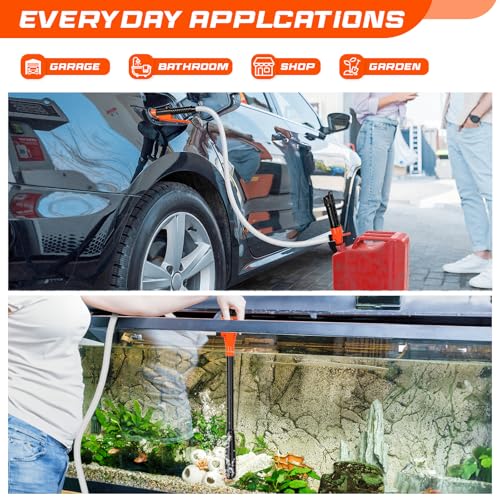 Fuel Transfer Pump Battery Powered Gas Pump For 5 Gallon Gas Can | Automatict Shut-off Nozzle, 47 IN Long Hose, Adapters for Different Size Gasoline Tank - size: 1 Pack of Medium orange
