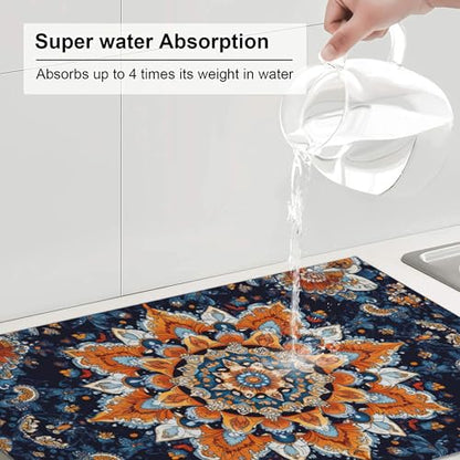 Mandala Flowers Dish Drying Mat for Kitchen Counter Microfiber Super Absorbent Non-Slip Dish Drying Pad for Countertops Dishes Utensils Stylish Quick-Dry Machine Washable 18x24 Inch - color: Mandala Flowers