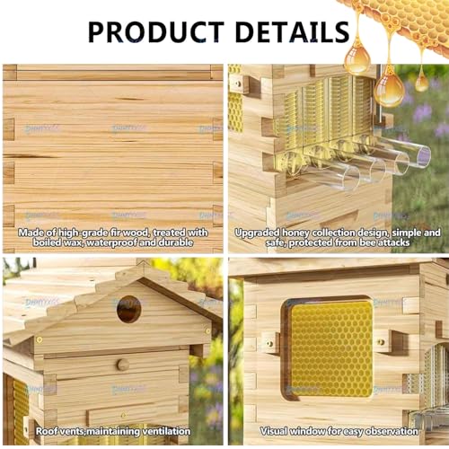 Beehive Complete Kit,Auto Flow Bee Hives Boxes Starter Kit, Durable Wooden Construction with Easy Honey Harvest Design, Ideal Beekeeping Supplies for Novices Home Garden & Small Apiaries