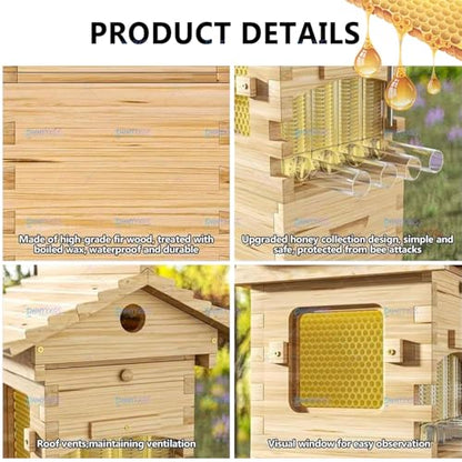 Beehive Complete Kit,Auto Flow Bee Hives Boxes Starter Kit, Durable Wooden Construction with Easy Honey Harvest Design, Ideal Beekeeping Supplies for Novices Home Garden & Small Apiaries