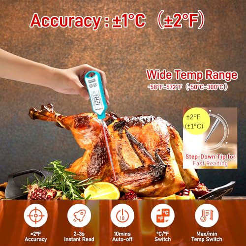 Meat Thermometer Digital, Instant Read Food Thermometer – Waterproof Nonslip Grip Kitchen Timer & Temp Chart Thermometer for Cooking Candy, Oil Fry Indoor & Outdoor Grilling Smoker Roast