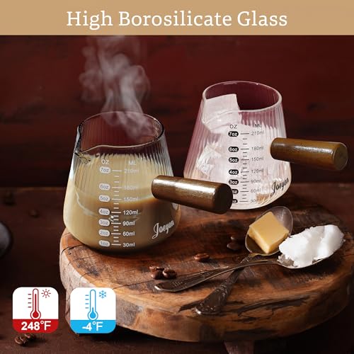 Joeyan Espresso Measuring Cup, 7oz Clear Espresso Shot Cups with Wood Handle, Ribbed Glass Measuring Cup with Spout and Double Scale, Milk Frothing Pitcher, Espresso Machine Coffee Bar Accessories - color: Clear espresso cup