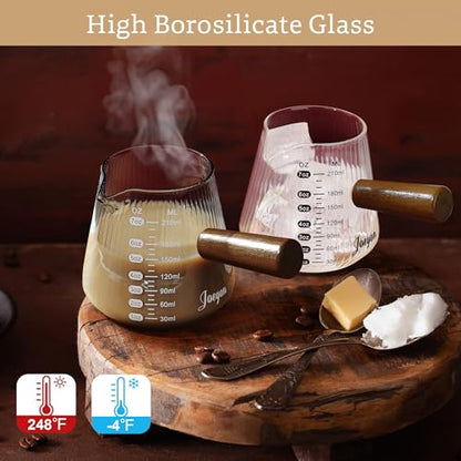 Joeyan Espresso Measuring Cup, 7oz Clear Espresso Shot Cups with Wood Handle, Ribbed Glass Measuring Cup with Spout and Double Scale, Milk Frothing Pitcher, Espresso Machine Coffee Bar Accessories - color: Clear espresso cup