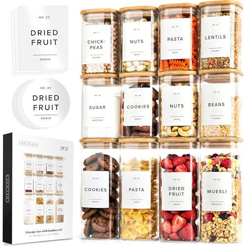 EDELHAUS Square Glass Storage Containers with Bamboo Lids 12-Pack (4x 30 oz, 8x 17 oz) Airtight Glass Storage Jars with Lids for Food, Stackable Glass Kitchen Canisters with 114 Labels for Pantry - color: White Label