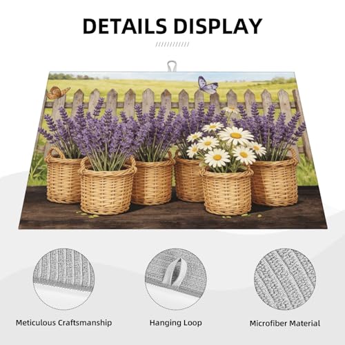 Kitchen Drying Mat for Countertop Lavender Daisy Farmhouse Garden Pattern Non-Slip Kitchen Counter Mat for Dishes Glassware - color: Purple White