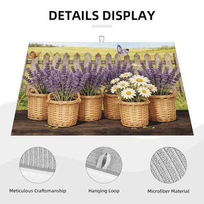 Kitchen Drying Mat for Countertop Lavender Daisy Farmhouse Garden Pattern Non-Slip Kitchen Counter Mat for Dishes Glassware - color: Purple White
