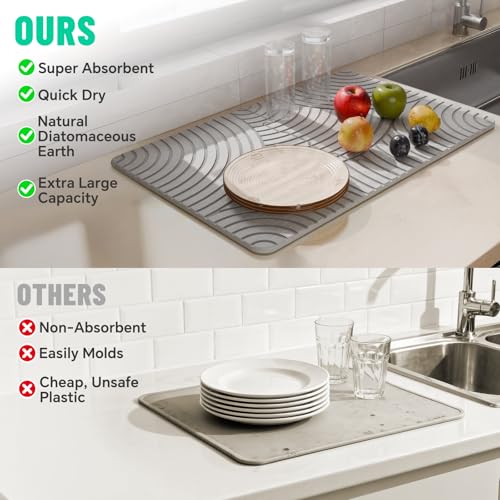 NiHome Large Stone Drying Mat for Kitchen Counter, 24"x16" Quick Dry Diatomaceous Earth Kitchen Mats - Fast Absorbent Non-Slip Dirt-Resistant Stone Dish Drying Mat for Dishes Bottles Cups Bathroom