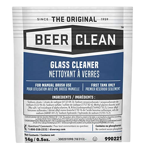 BEER CLEAN Diversey 990221 Glass Cleaner for Manual Brushing, Portion Control Bar Glass Washing Powder, Unscented, Packet, 0.5-Ounce (Pack of 100)