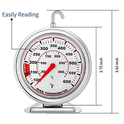 Extra Large 3" Oven Thermometer with Easy-Read Dial | Accurate Oven Temperature Reading | Dual Scale 100°F-600°F & -40°C-310°C | for Gas/Electric Ovens, Grill, BBQ, Baking, Meat - size: Oven Thermometer-3 Inch Red Dial