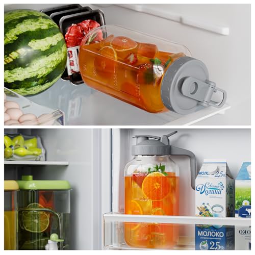 Glass Mason Jar Pitcher, 64 oz Wide Mouth Jug with Pour Spout Handle Lid for Cold Brew Coffee, Ice Beverage, Iced Juice, Lemonade, Sun Tea, Fruit Drinks Container(Gray) - color: Gray, size: 64 Ounces