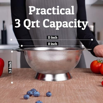 PriorityChef Premium Stainless Steel Colander for Kitchen, Durable Rice and Pasta Strainer with Handle, Rust-Resistant & Dishwasher Safe, 3 Qt - size: 3 Qrt