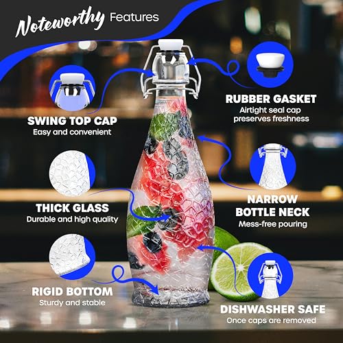 Nevlers 17 Oz Textured Airtight Swing Top Glass Bottles with Lids 6 Pack | Flip Top Glass Bottle with Stopper | Resealable Beer, Water, Vanilla Extract or Kombucha Bottles | Drinking or Syrup Bottle