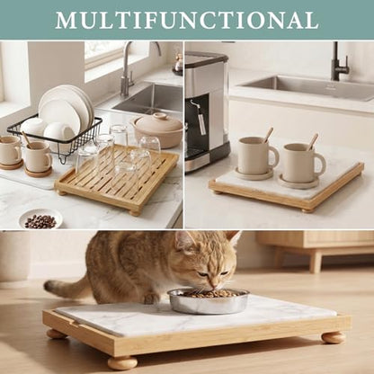 Golener Stone Drying Mat for Kitchen Counter, Dish Drying Pad with Bamboo Rack, Super Absorbent Diatomaceous Earth and Drying Rack, Multi-purpose Quick Drying Mat Rack for Kitchen,Marble White,16”x12”