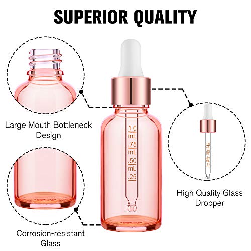 PrettyCare 4 Pack 1oz Dropper Bottles for Essential Oils with Labels, Funnel & Measured Pipettes, 30 ml Leak Proof Rose Glass Essential Oils Bottles- Empty Tincture Bottles for Personal Care & Beauty - color: 1oz Rose, style: 4 Pack