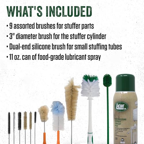 LEM Products Stuffer Cleaning Kit, Includes 10 Brushes, Dual-End Silicone Brush, and 11 Oz. Food-Grade Lubricant Spray