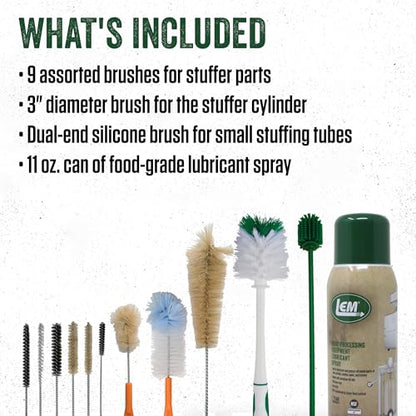 LEM Products Stuffer Cleaning Kit, Includes 10 Brushes, Dual-End Silicone Brush, and 11 Oz. Food-Grade Lubricant Spray