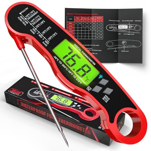 AWLKIM Meat Thermometer Digital, Instant Read Thermometer, Red | Food thermometer for grill, BBQ, candy, oil and baking; backlit display, foldable probe and magnetic storage - color: Red