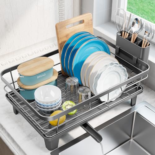 Urackify Dish Drying Rack for Kitchen Counter, Sink Dish Rack with Drainboard 12.2" W x 16.5" L, Large Dish Drainer with Cutlery Holder, Home Countertop Plate Dryer Storage Rack, Gray - color: Gray