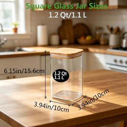 VIEWELLD 1.2 Qt Square Glass Storage Containers with Lids, glass jar with airtight lid, Glass Canister for Pantry Cookie Cereal Rice Sugar Tea Coffee Beans Spice, Square Set of 4