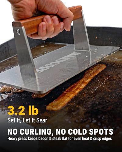 Stainless Steel Bacon Press - 3.2 LB Heavy Cooking Weight, Ideal for Flat Top Grill - Griddle Accessories for Searing Smash Burger, Steak, Sandwich - 9.25 x 5.7 Inches, Flat Bottom, Rectangle - size: 9.25"x5.7"