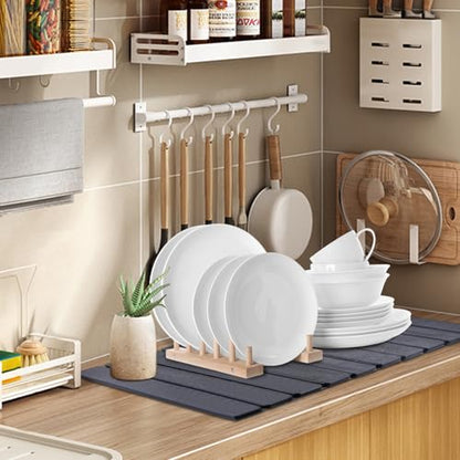 2 PCS Quick Dry Stone Dishes Mats for Kitchen Counter,Collapsible Quick Drying Dish Mats,Ultra Absorbent Diatomaceous Earth Mats for Dishes Bottles Cups, Match Any Countertop（Dark Gray 24"×16"& 8"x4"）