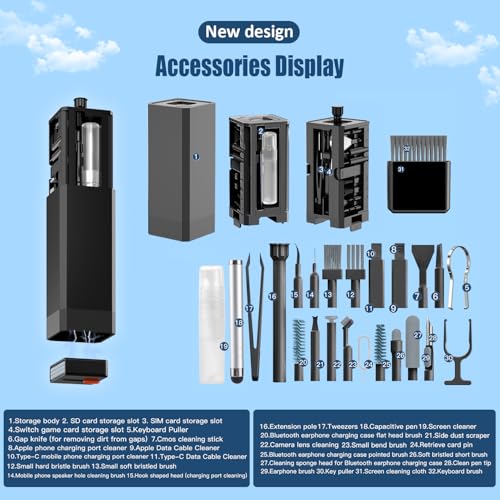 Keyboard Cleaning Kit Laptop Cleaner, 32-in-1 Computer Screen Cleaning Brush Tool, Multi-Function PC Electronic Cleaner Kit for iPad iPhone Pro, Earbuds, Camera Monitor(Black) - color: Black1