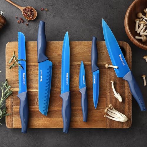 Wanbasion Blue Professional Kitchen Knife Chef Set, Stainless Steel, Dishwasher Safe with Sheathes - color: Blue