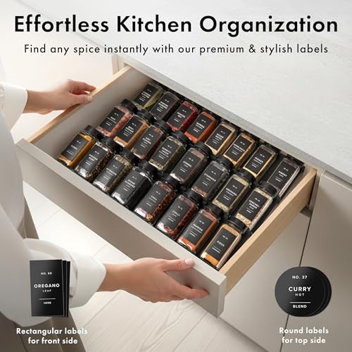 EDELHAUS Glass Spice Jars with Label, Seasoning Set, 24x Black Steel Lids | Airtight Lids keep spices fresh, Kitchen Spice Drawer Organizer, 4oz Seasoning Containers incl. Funnel, Brush & 240 Labels - color: Black Stainless Steel Lid