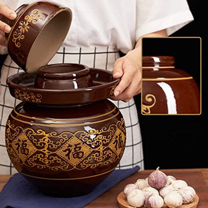 ZHOUXIAO China Fu Pickle Jar Ceramic Jar with Lid,Large Traditional Chinese Fermentation Kit Crock with Water Seal Airlock Lid, Fermentation Jar for Kimchi,Kombucha Jar M