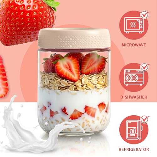 Overnight Oats Containers with Lids, 16oz Glass Storage Containers with Lids, Wide Mouth Mason Jars, Glass Jars with Airtight Lids for Sugar, Yogurt, Chia Seed, Pudding, Meal Prep 6-Pack - color: Beige