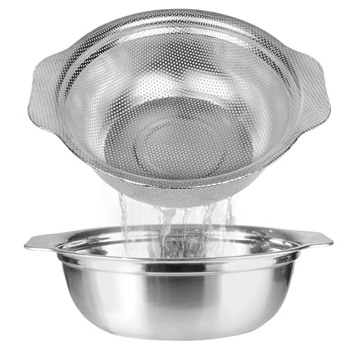 Stainless Steel Colander for Kitchen, 2.5QT Rice Washer Strainer with Mixing Bowl, Colander Bowl Set with Microporous for Washing Rice, Pasta, Spaghetti, Fruits, Dishwasher Safe(2PC) - size: 2.5QT